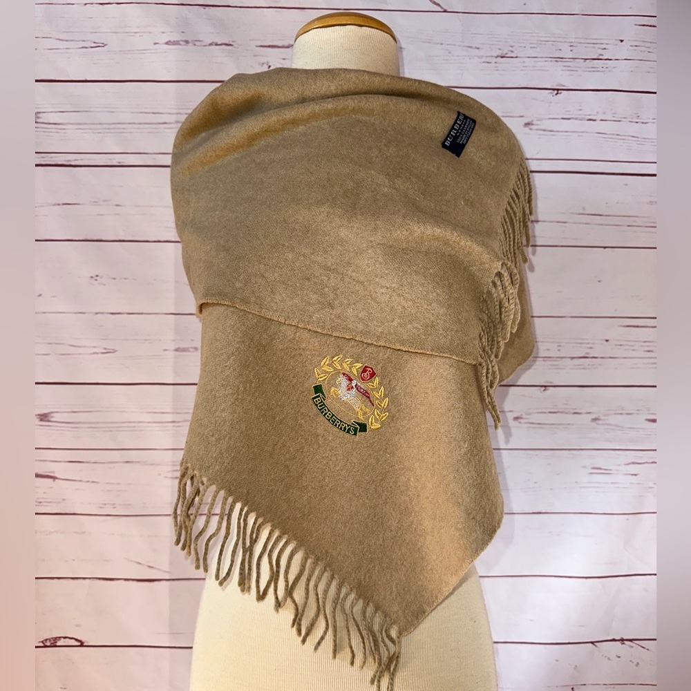 BURBERRY London 100% Cashmere Fringe Scarf Embroidered Logo Tan Brown Vintage